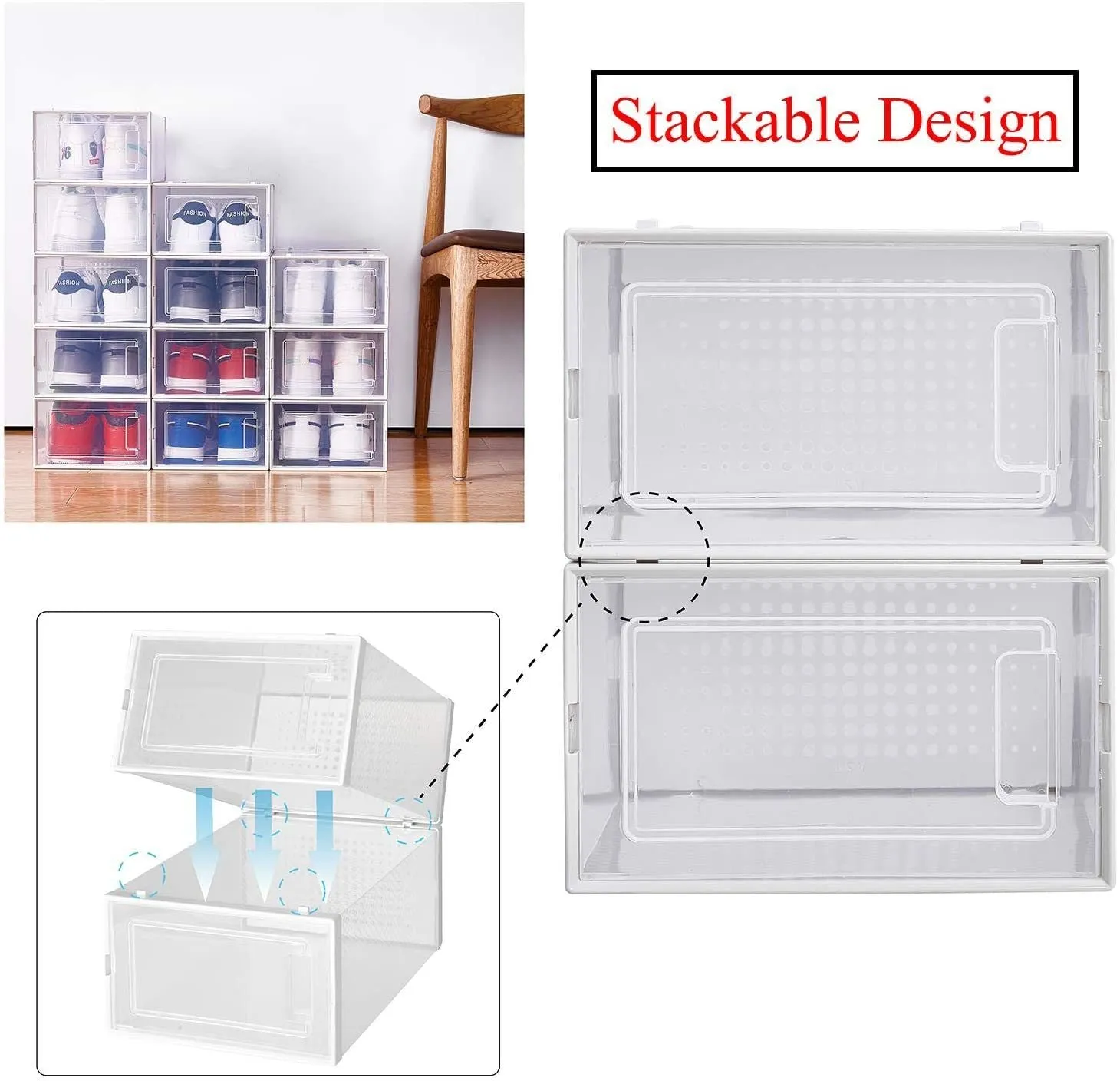 Foldable Stackable Clear Shoe Storage Box Organizer, 8 Pack, White