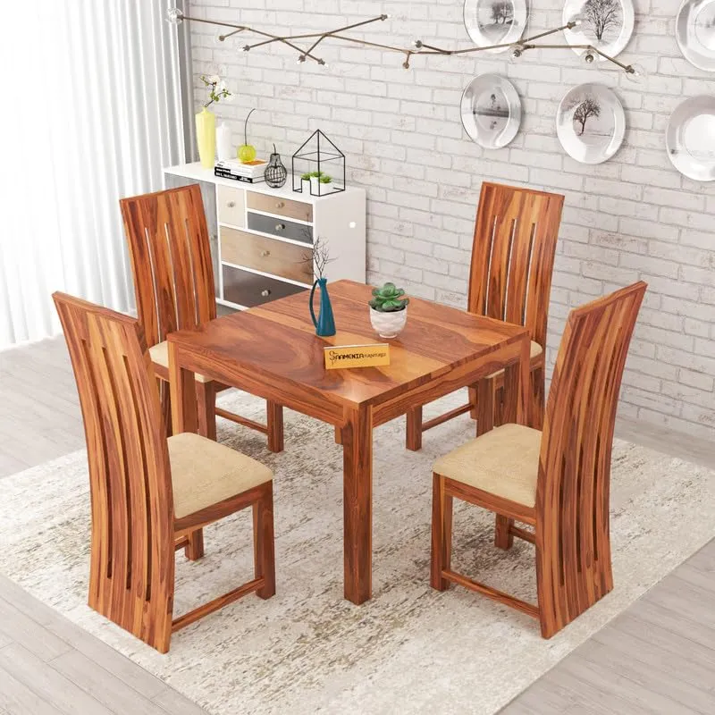 FURNESHO Solid Sheesham Wood Dining Room Sets 4 Seater Dining Table with 4 Cushions Chairs for Dining Room, Living Room, Kitchen, Hotel, Restaurant, Cafeteria (Standard, Honey Finish)