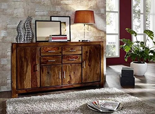 G Fine Furniture Solid Sheesham Wood Sideboard and Cabinets for Living Room | Wooden Side Board Media Console Tv Cabinet for Home | Buffet Kitchen Cabinet with 4 Drawers & 4 Door Storage | Brown