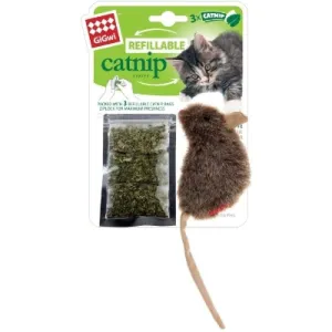 GiGwi Mouse Refillable Catnip with 3 Catnip Teabags in Ziplock Bag Toy for Cats (Brown)