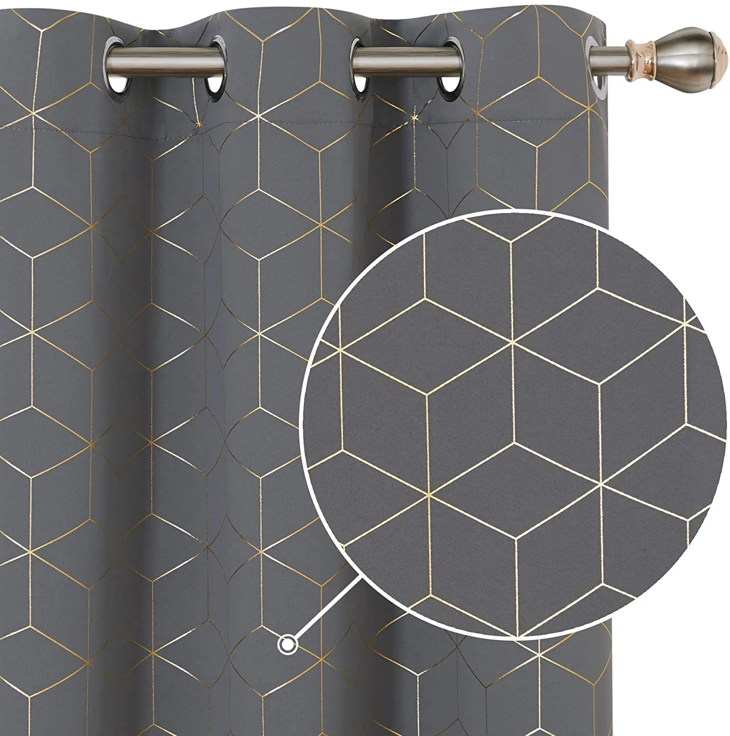 Gold Foil Printed 80-85% Blackout Curtains - Pack of 1 Curtain - Hexagon - Grey