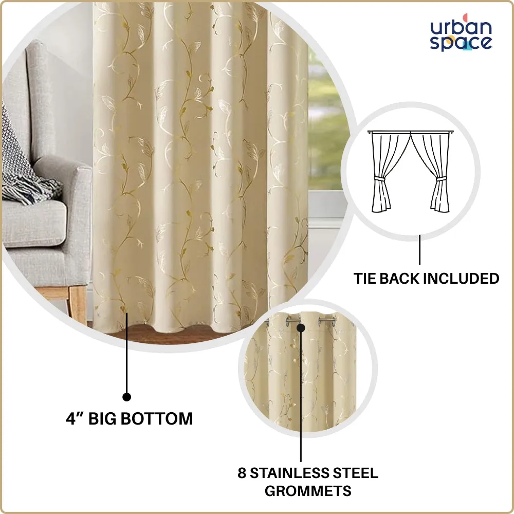 Gold Foil Printed 80-85% Blackout Curtains - Pack of 1 - Pack of 1 Curtain - Vine- Beige