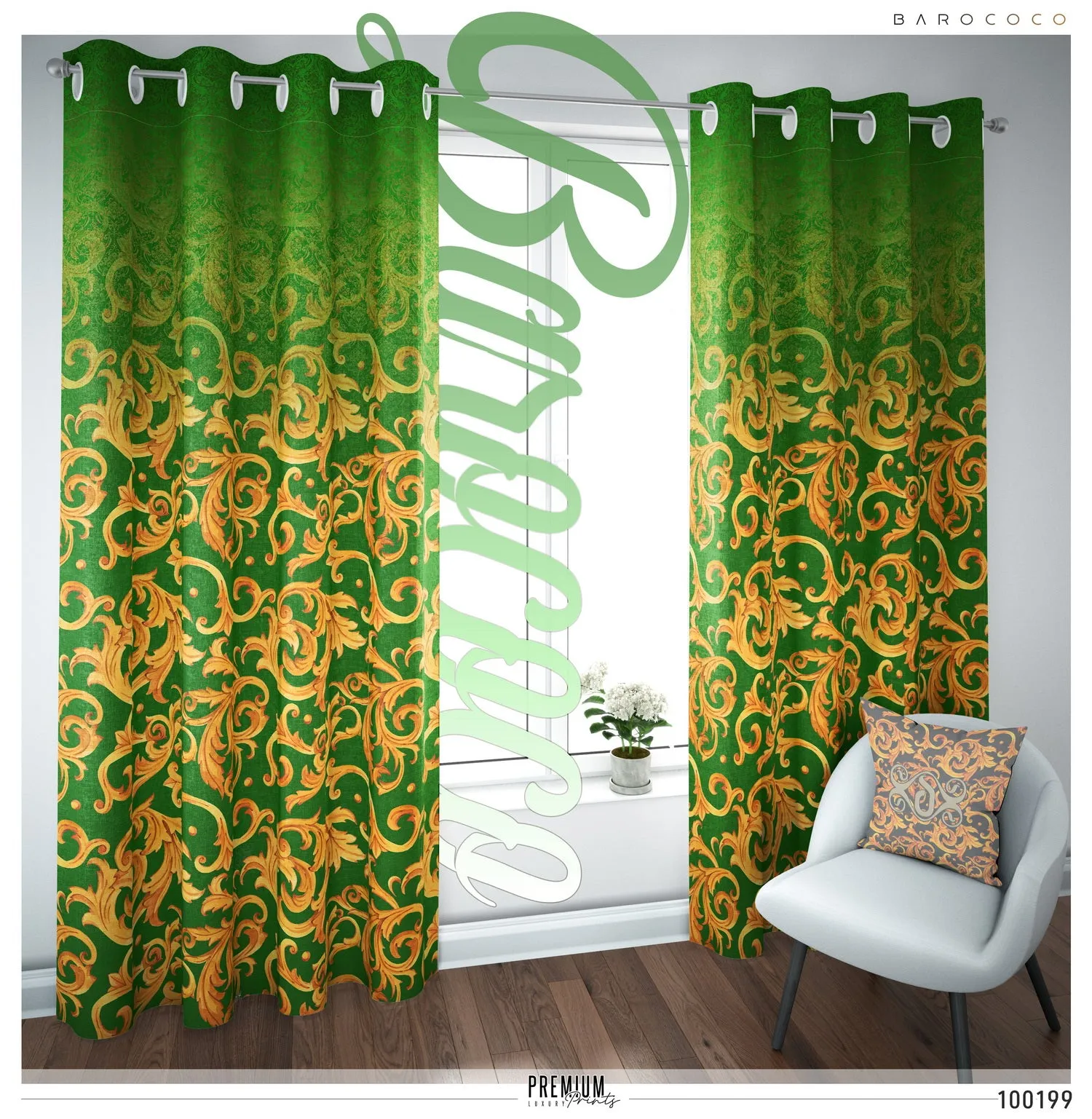 Green Gold Pattern PREMIUM Curtain Panel. Available on 12 Fabric, Heavy & Sheer. Made to Order. 100199