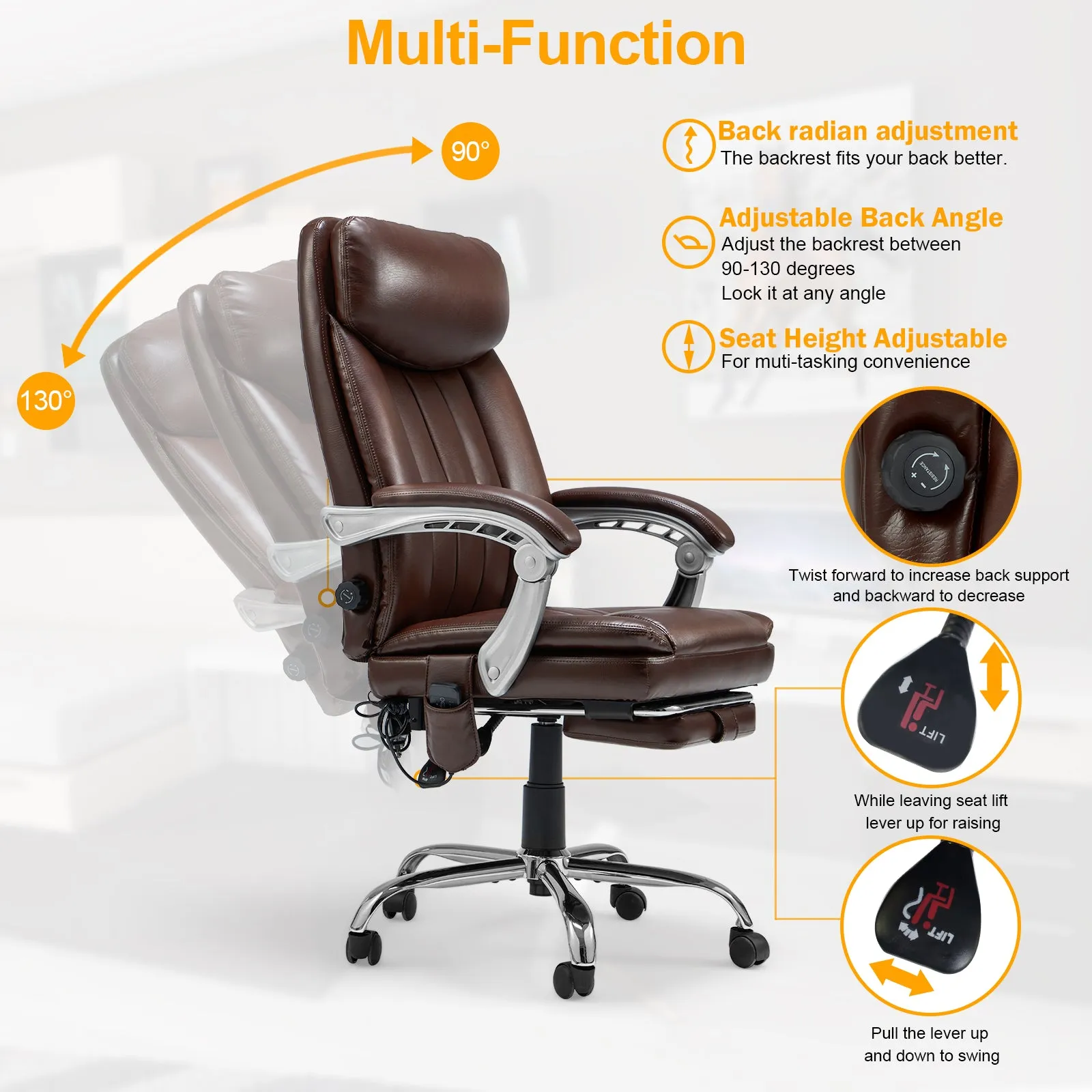 HOMREST Executive Ergonomic Office Chair Adjustable Home Desk Chair, Big and Tall Leather with Massage and Heat (Brown)