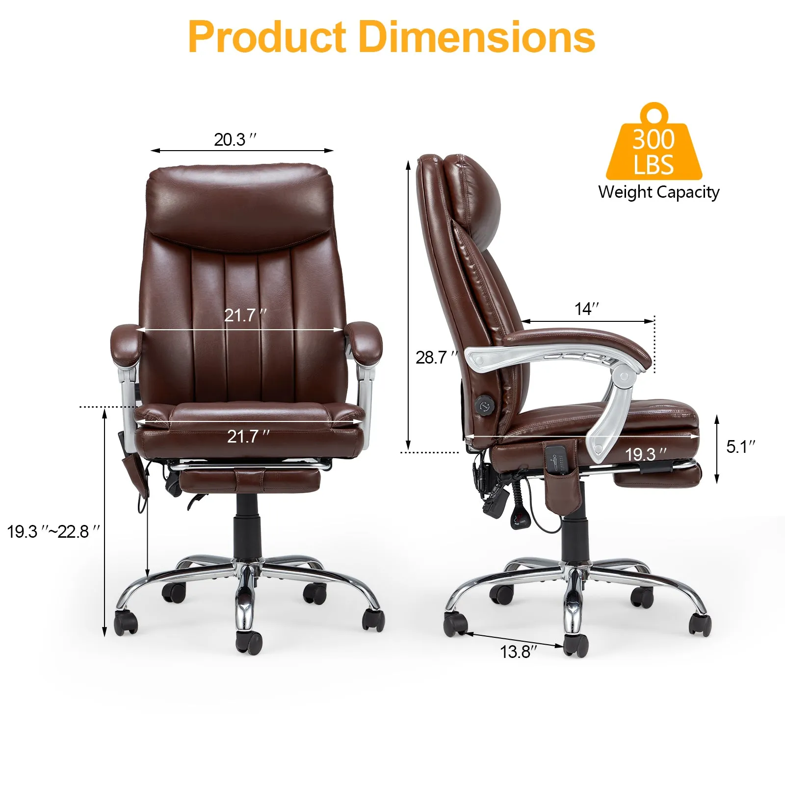 HOMREST Executive Ergonomic Office Chair Adjustable Home Desk Chair, Big and Tall Leather with Massage and Heat (Brown)