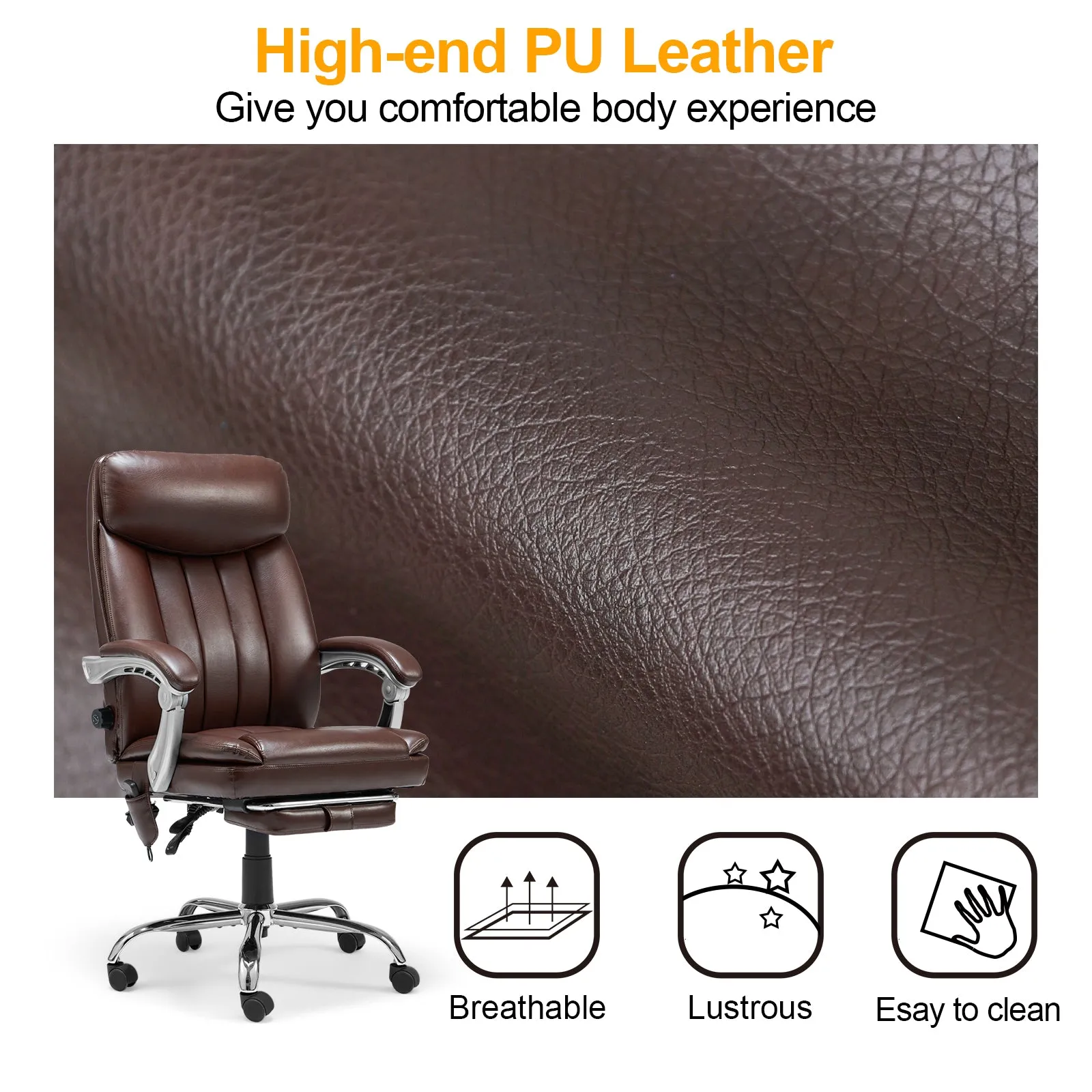 HOMREST Executive Ergonomic Office Chair Adjustable Home Desk Chair, Big and Tall Leather with Massage and Heat (Brown)