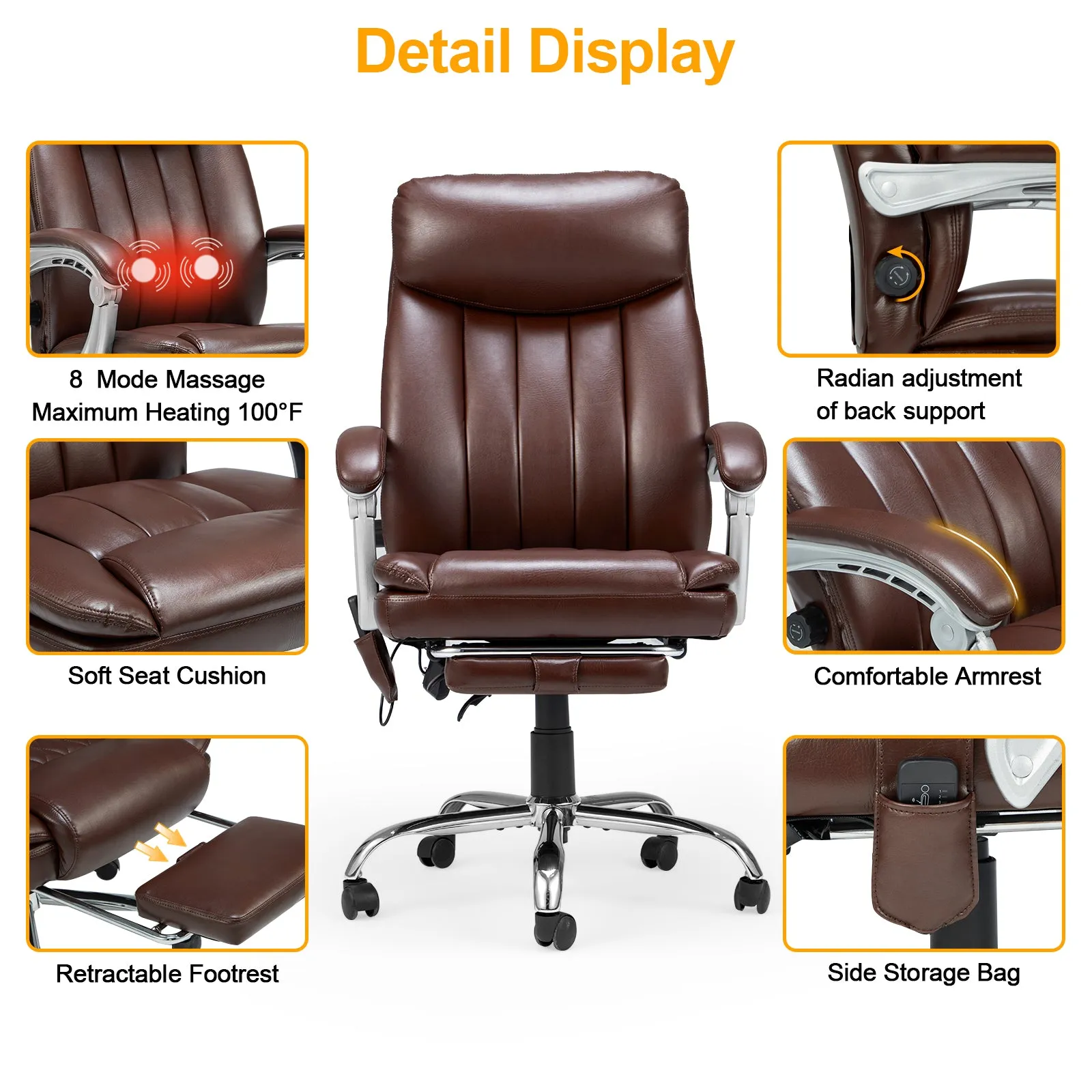 HOMREST Executive Ergonomic Office Chair Adjustable Home Desk Chair, Big and Tall Leather with Massage and Heat (Brown)