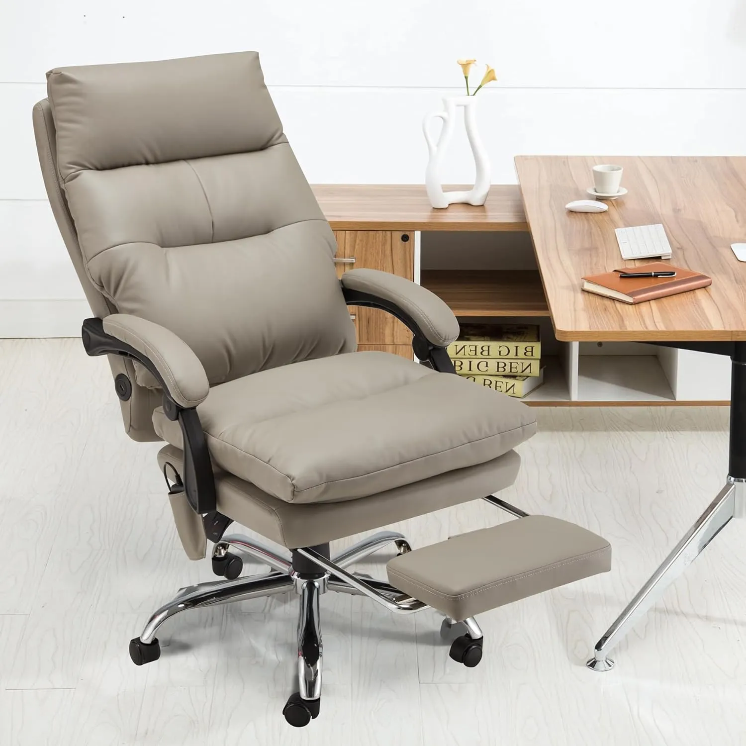 Homrest Reclining Executive Office Chair with Heat, Massage and Footrest, Light Gray