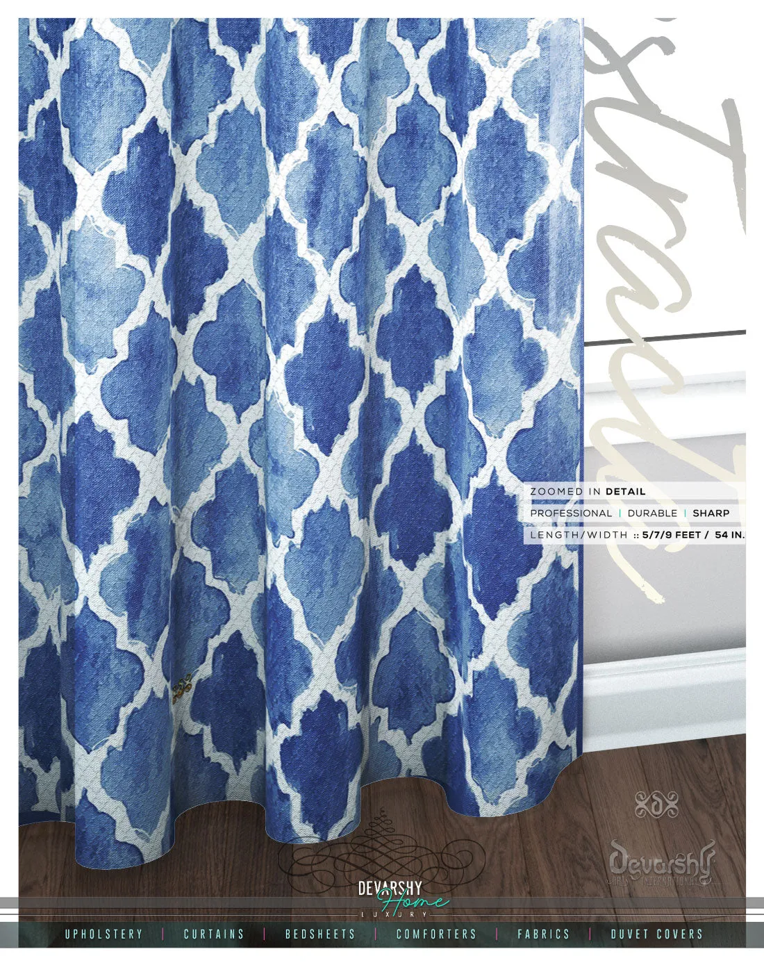 Indigo Ogee Pattern PREMIUM Curtain Panel. Available on 12 Fabrics. Made to Order. 100358A