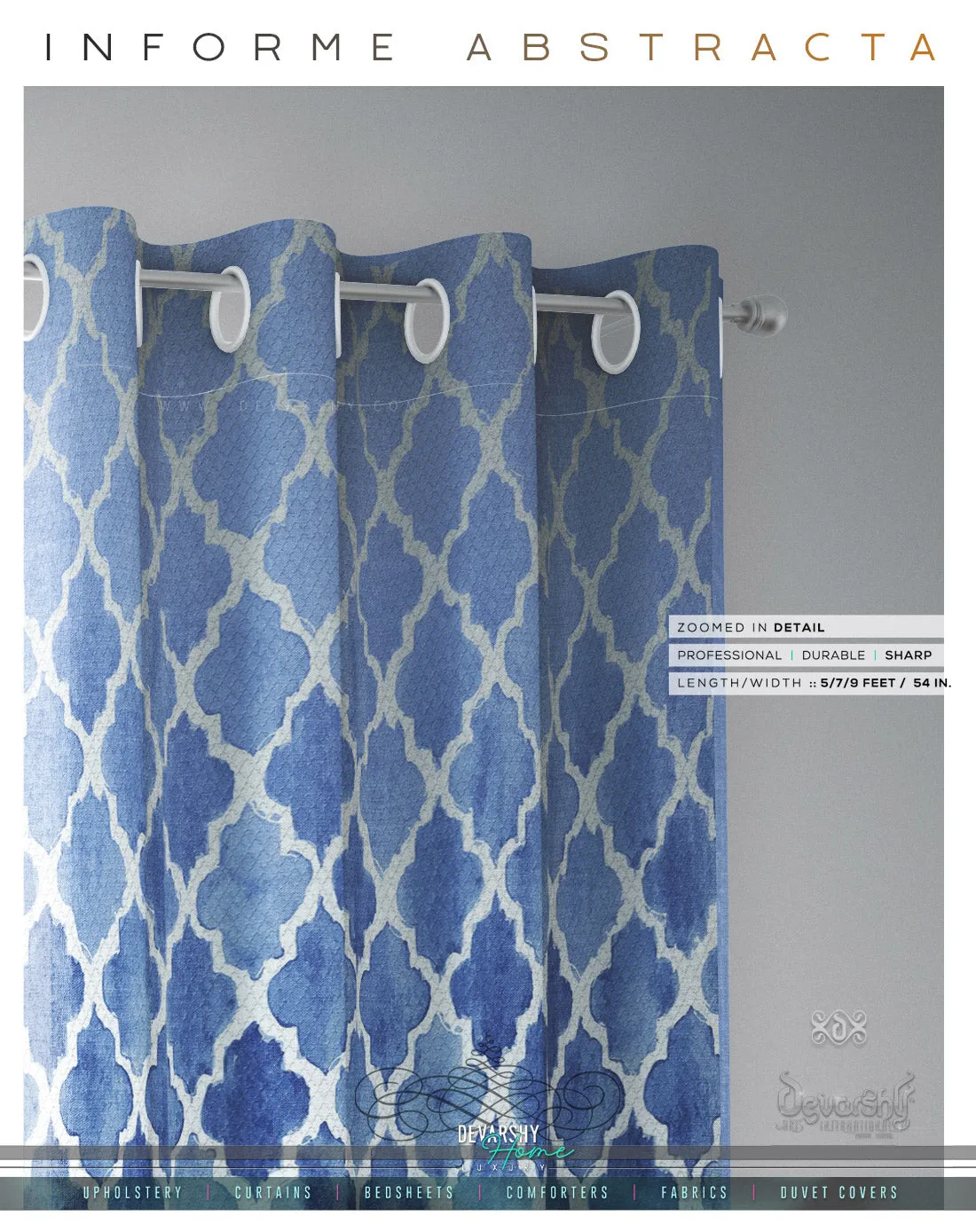 Indigo Ogee Pattern PREMIUM Curtain Panel. Available on 12 Fabrics. Made to Order. 100358A