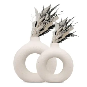 INDULGE HOMES - White Donut Vase/Flower Vase/Pampas Grass Vase/Ceramic Vase (type 2)/ Round Shaped Vase/Home Decor Centrepiece/Decor Showpiece 8 & 12 Inches (Pack of 2)