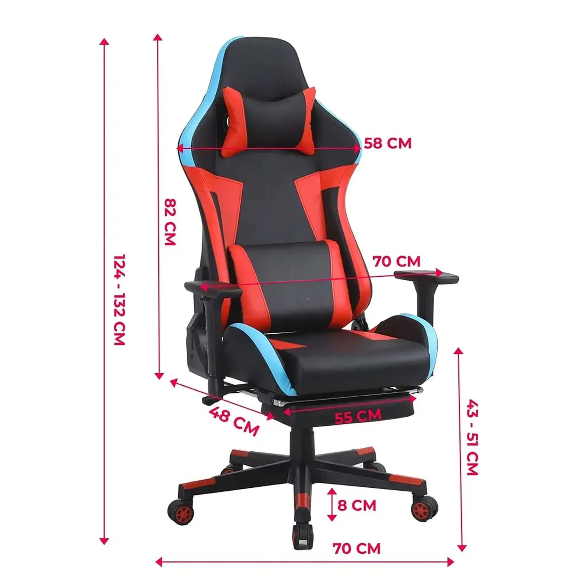 Kuber Industries Ergonomic PC Gaming Chairs with Wheels | Comes with Headrest, Lumbar Support Cushions & Footrest | Comfortable Chair for Long Sitting & Back Pain Relief | WC2022-1F-Black & Red