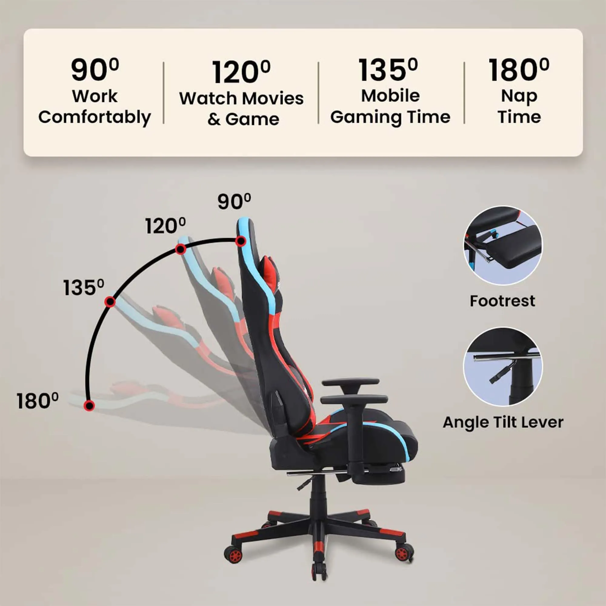 Kuber Industries Ergonomic PC Gaming Chairs with Wheels | Comes with Headrest, Lumbar Support Cushions & Footrest | Comfortable Chair for Long Sitting & Back Pain Relief | WC2022-1F-Black & Red