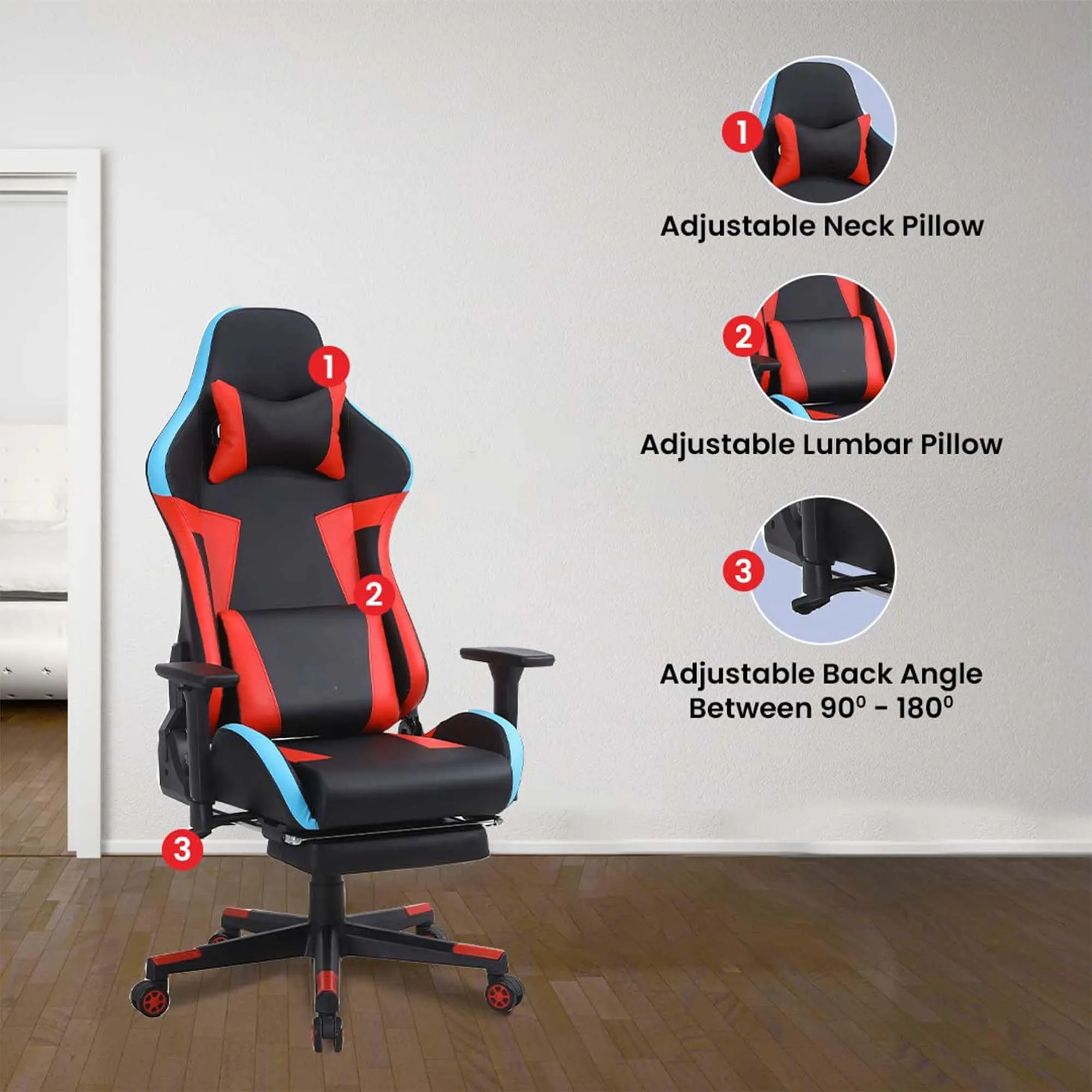 Kuber Industries Ergonomic PC Gaming Chairs with Wheels | Comes with Headrest, Lumbar Support Cushions & Footrest | Comfortable Chair for Long Sitting & Back Pain Relief | WC2022-1F-Black & Red