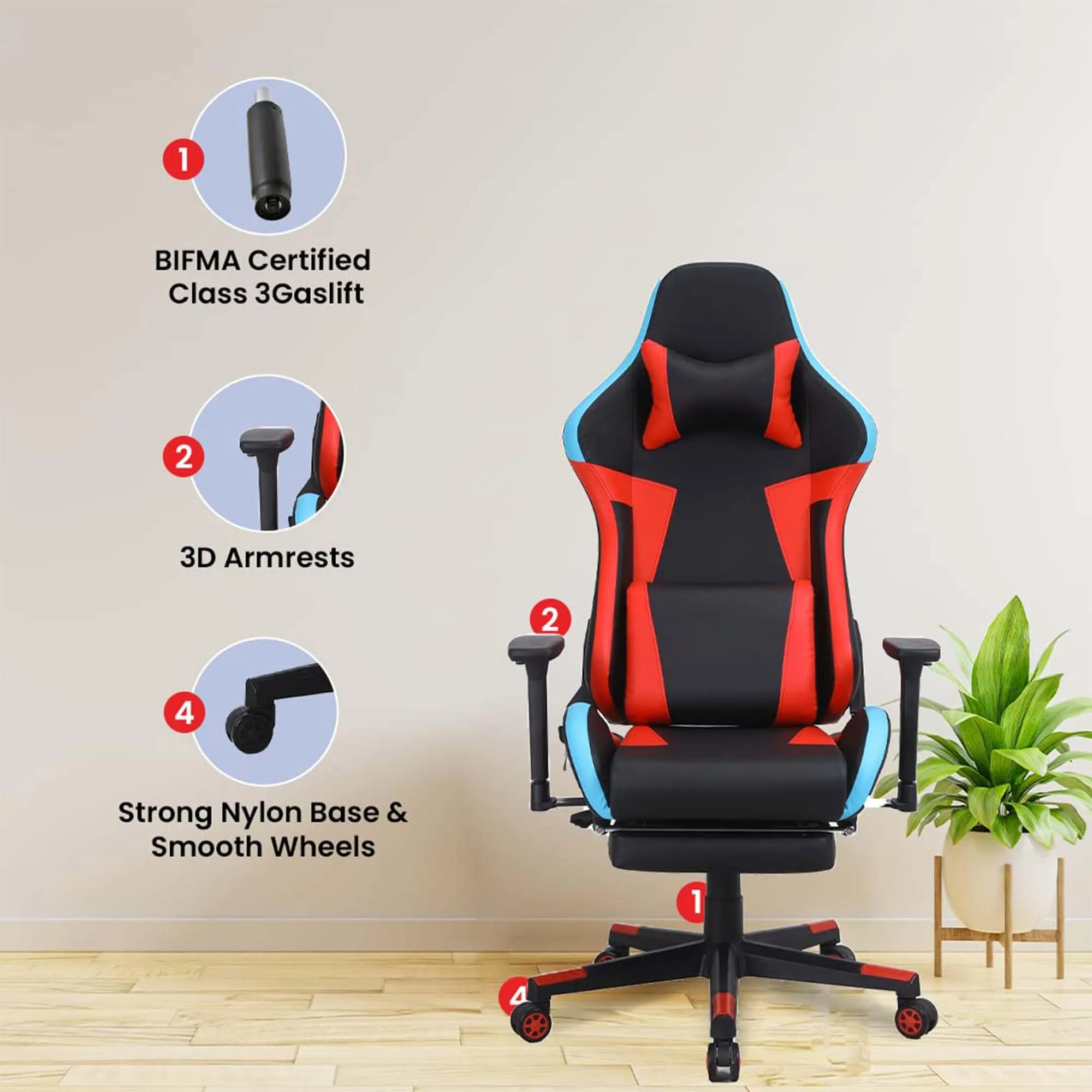 Kuber Industries Ergonomic PC Gaming Chairs with Wheels | Comes with Headrest, Lumbar Support Cushions & Footrest | Comfortable Chair for Long Sitting & Back Pain Relief | WC2022-1F-Black & Red