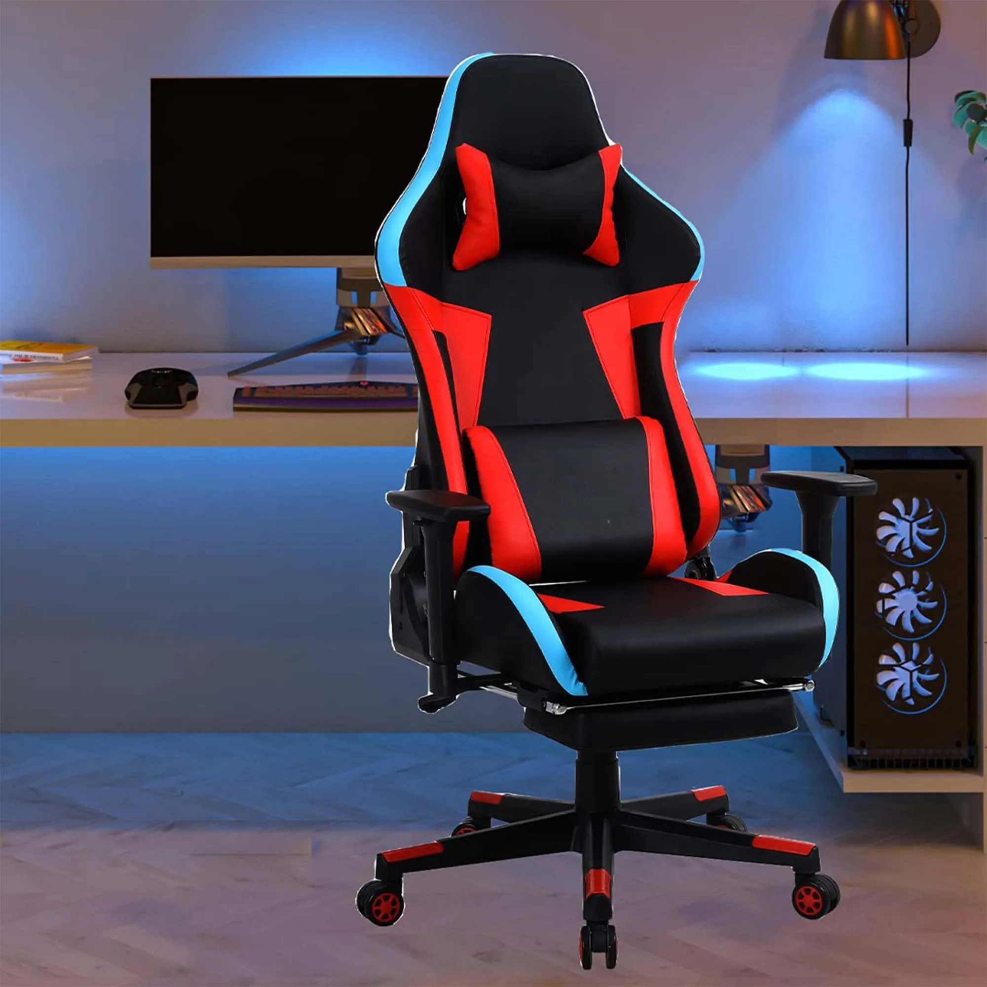 Kuber Industries Ergonomic PC Gaming Chairs with Wheels | Comes with Headrest, Lumbar Support Cushions & Footrest | Comfortable Chair for Long Sitting & Back Pain Relief | WC2022-1F-Black & Red