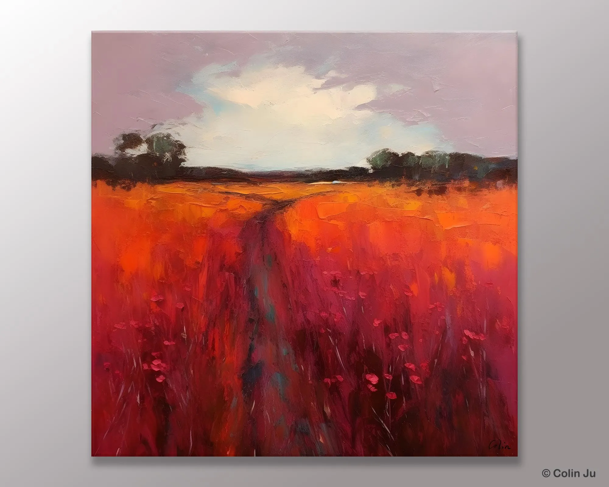 Landscape Canvas Paintings, Acrylic Abstract Art on Canvas, Red Poppy Flower Field Painting, Landscape Acrylic Painting, Living Room Wall Art Paintings