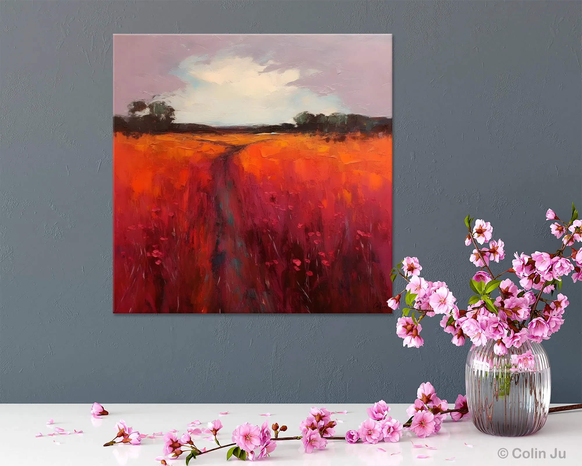 Landscape Canvas Paintings, Acrylic Abstract Art on Canvas, Red Poppy Flower Field Painting, Landscape Acrylic Painting, Living Room Wall Art Paintings