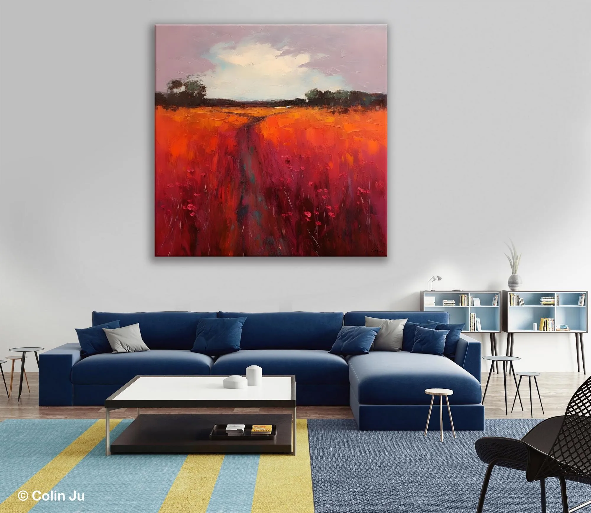 Landscape Canvas Paintings, Acrylic Abstract Art on Canvas, Red Poppy Flower Field Painting, Landscape Acrylic Painting, Living Room Wall Art Paintings