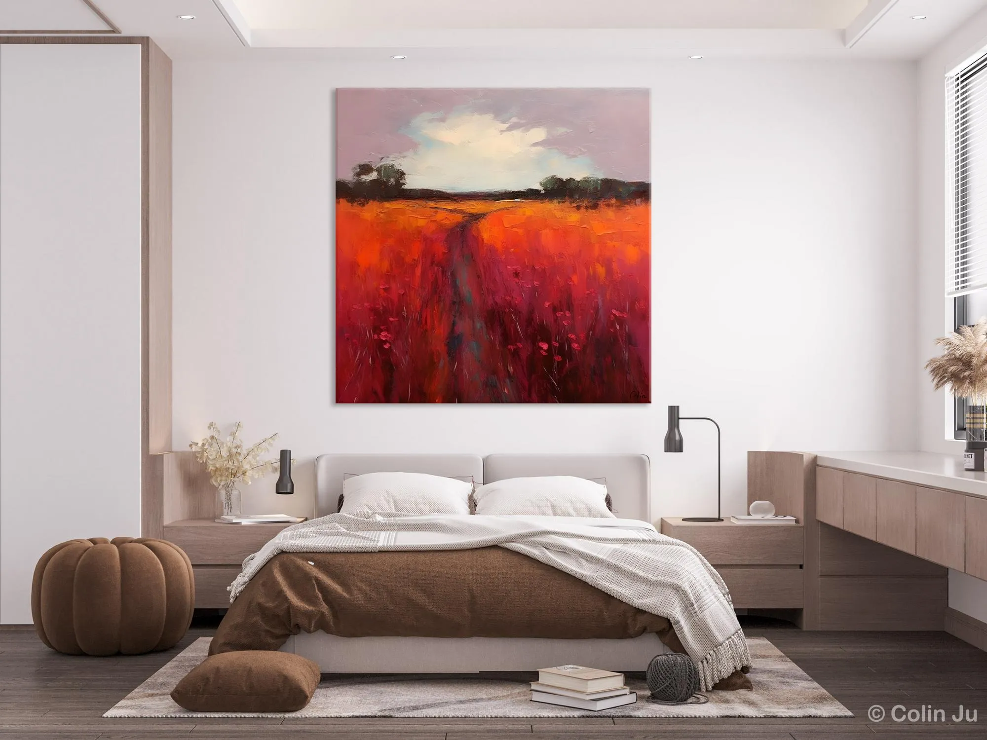 Landscape Canvas Paintings, Acrylic Abstract Art on Canvas, Red Poppy Flower Field Painting, Landscape Acrylic Painting, Living Room Wall Art Paintings