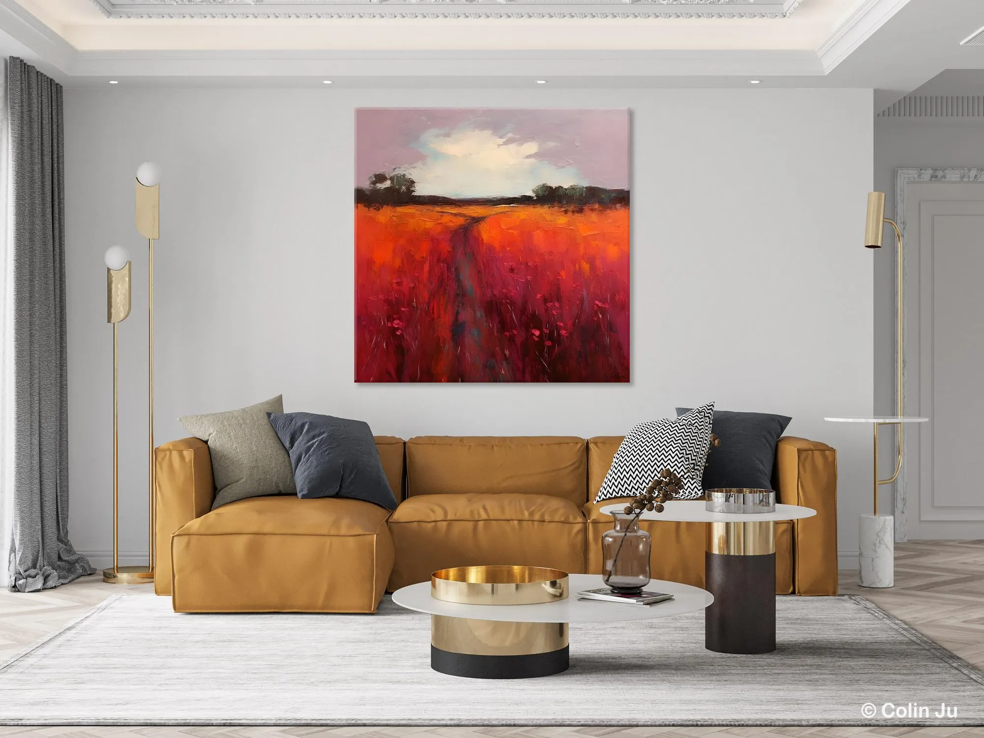 Landscape Canvas Paintings, Acrylic Abstract Art on Canvas, Red Poppy Flower Field Painting, Landscape Acrylic Painting, Living Room Wall Art Paintings