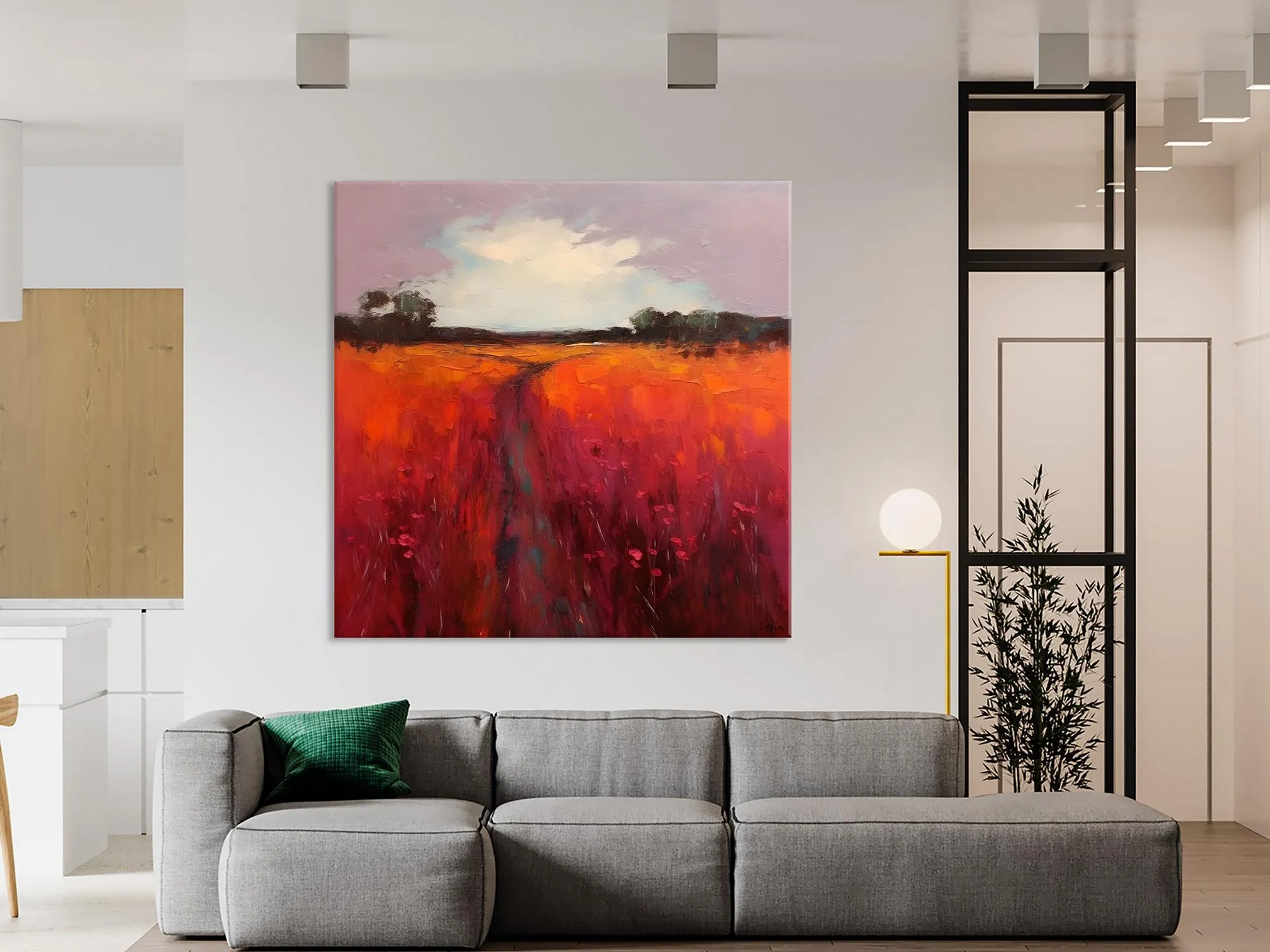 Landscape Canvas Paintings, Acrylic Abstract Art on Canvas, Red Poppy Flower Field Painting, Landscape Acrylic Painting, Living Room Wall Art Paintings