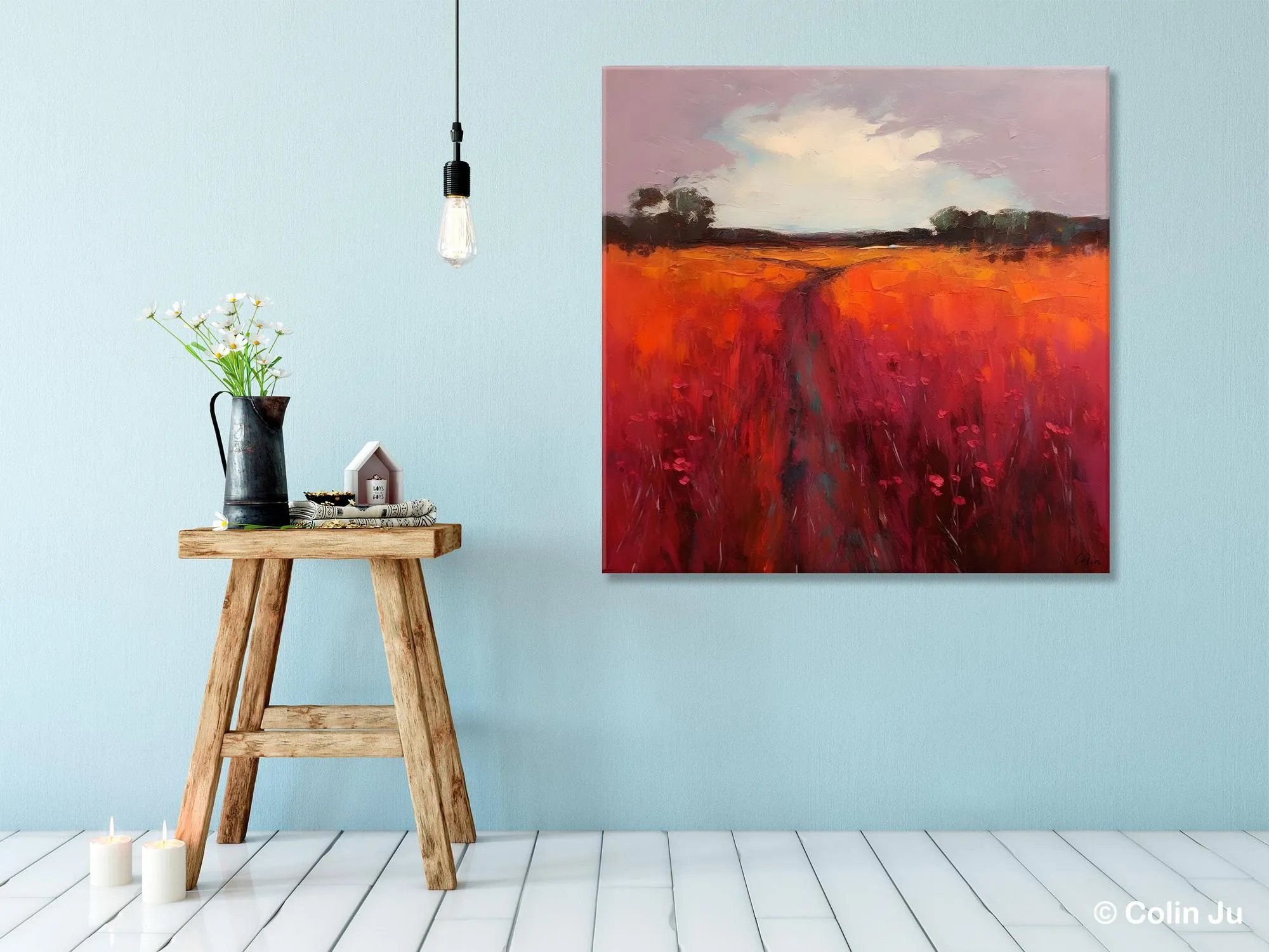 Landscape Canvas Paintings, Acrylic Abstract Art on Canvas, Red Poppy Flower Field Painting, Landscape Acrylic Painting, Living Room Wall Art Paintings