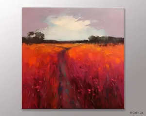 Landscape Canvas Paintings, Acrylic Abstract Art on Canvas, Red Poppy Flower Field Painting, Landscape Acrylic Painting, Living Room Wall Art Paintings