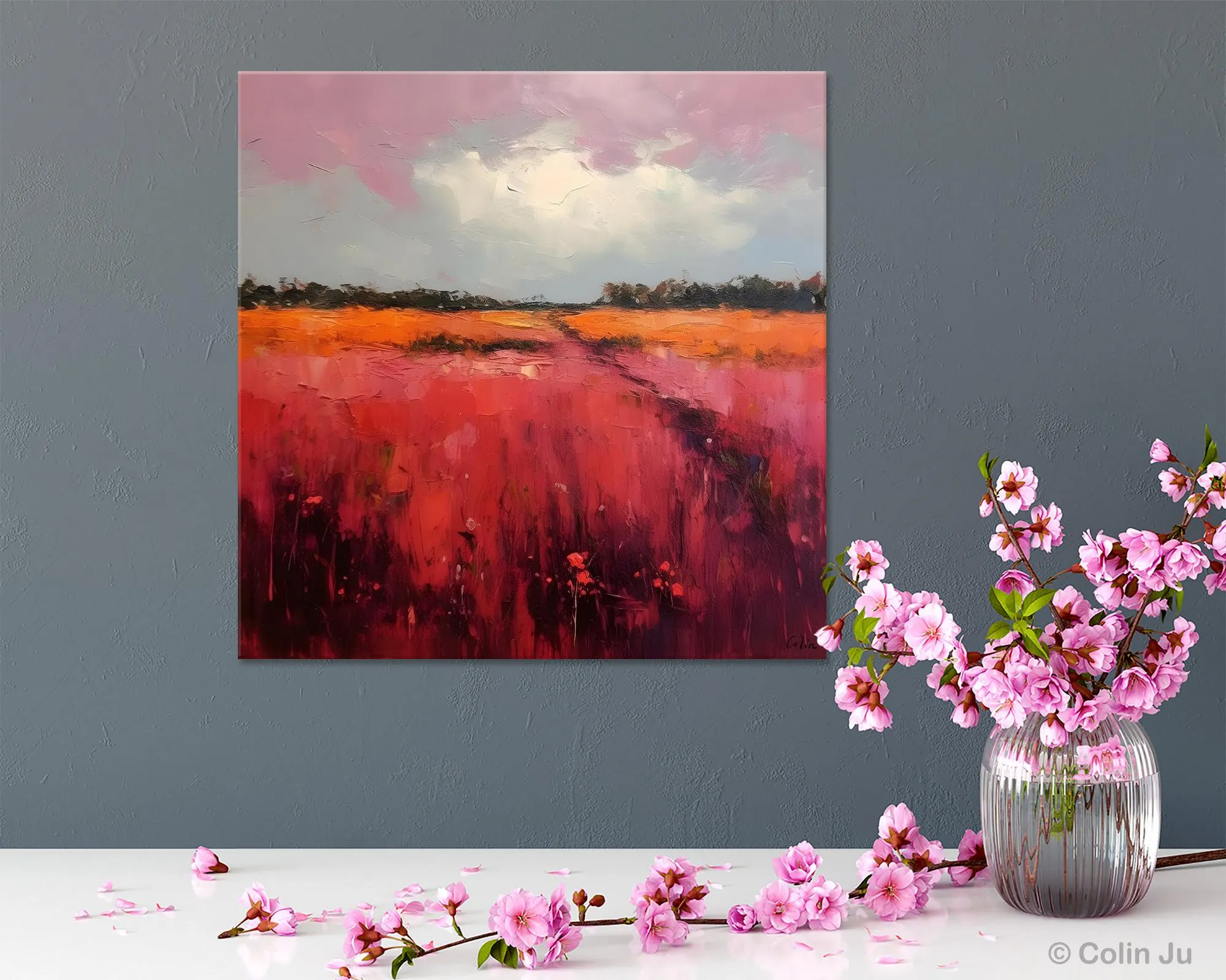 Landscape Paintings for Living Room, Abstract Canvas Painting, Abstract Landscape Art, Red Poppy Field Painting, Original Hand Painted Wall Art