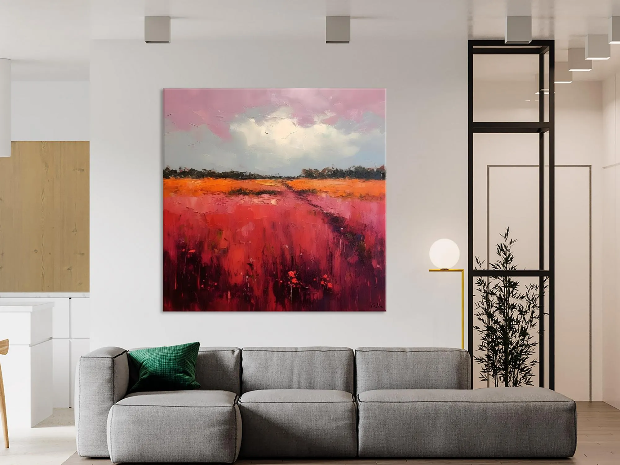 Landscape Paintings for Living Room, Abstract Canvas Painting, Abstract Landscape Art, Red Poppy Field Painting, Original Hand Painted Wall Art