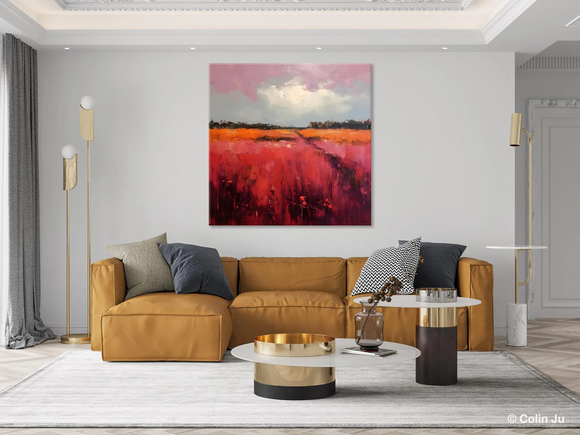 Landscape Paintings for Living Room, Abstract Canvas Painting, Abstract Landscape Art, Red Poppy Field Painting, Original Hand Painted Wall Art