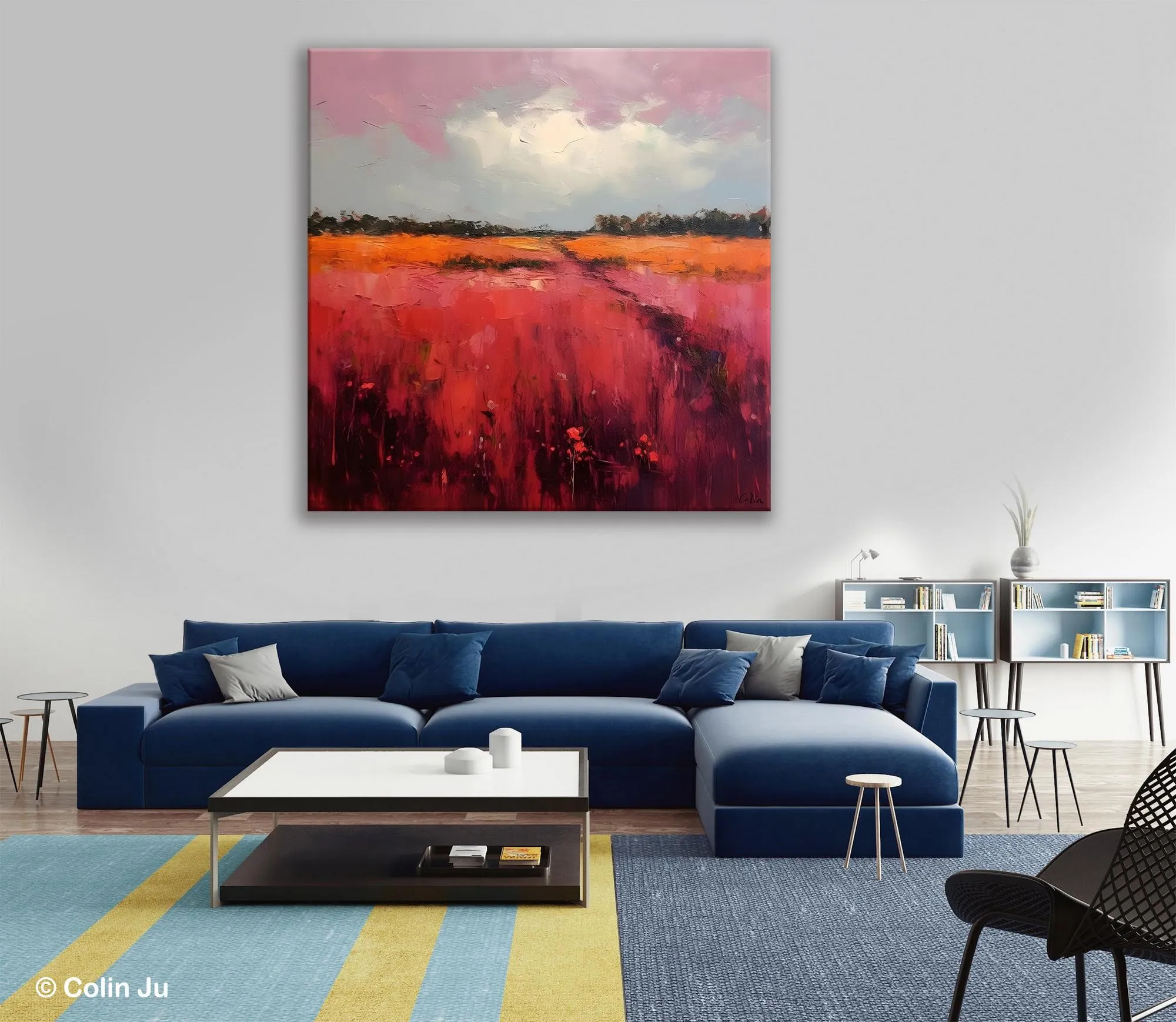 Landscape Paintings for Living Room, Abstract Canvas Painting, Abstract Landscape Art, Red Poppy Field Painting, Original Hand Painted Wall Art