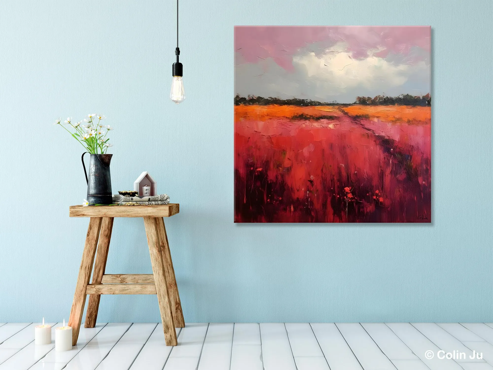 Landscape Paintings for Living Room, Abstract Canvas Painting, Abstract Landscape Art, Red Poppy Field Painting, Original Hand Painted Wall Art