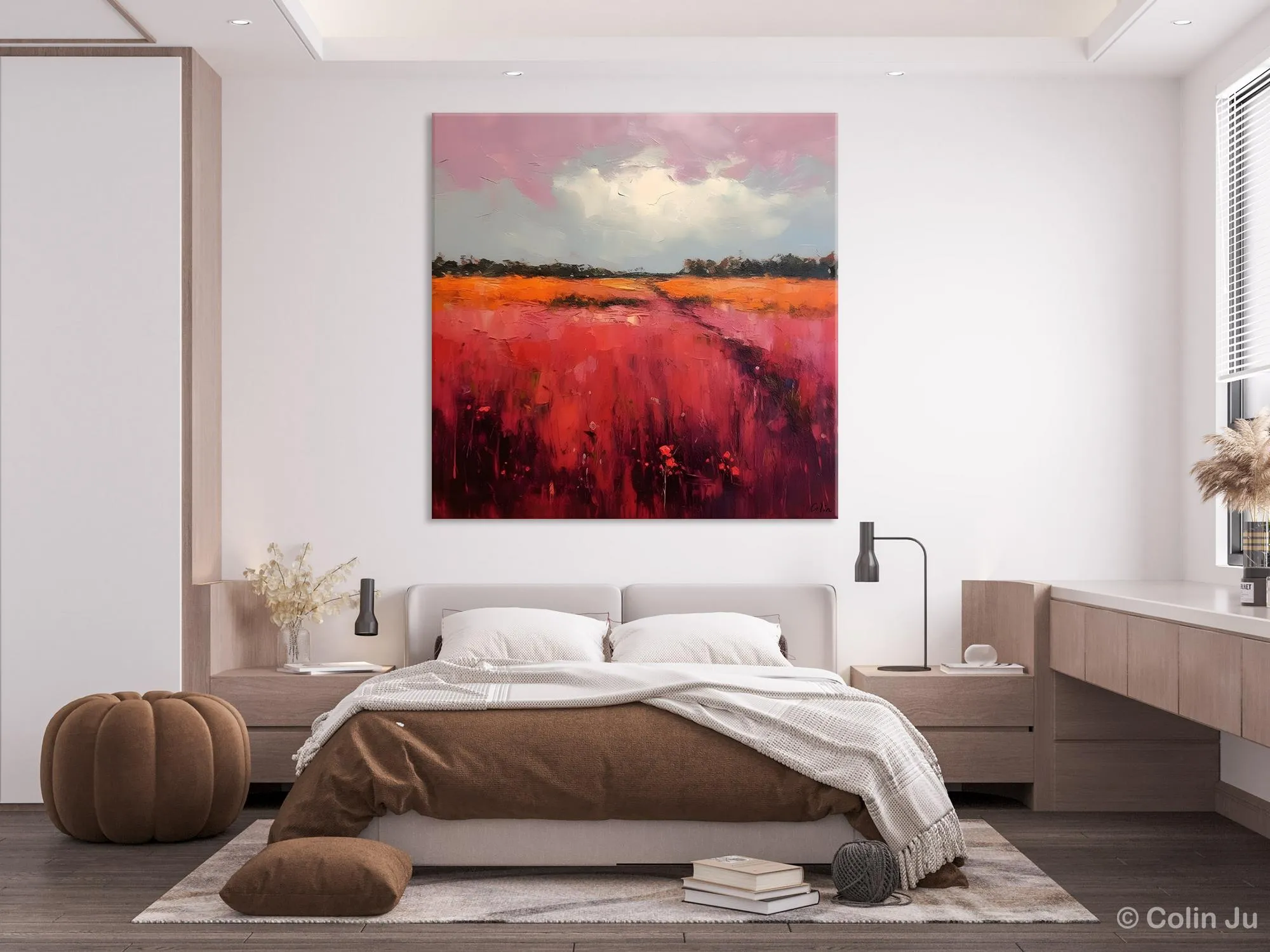 Landscape Paintings for Living Room, Abstract Canvas Painting, Abstract Landscape Art, Red Poppy Field Painting, Original Hand Painted Wall Art