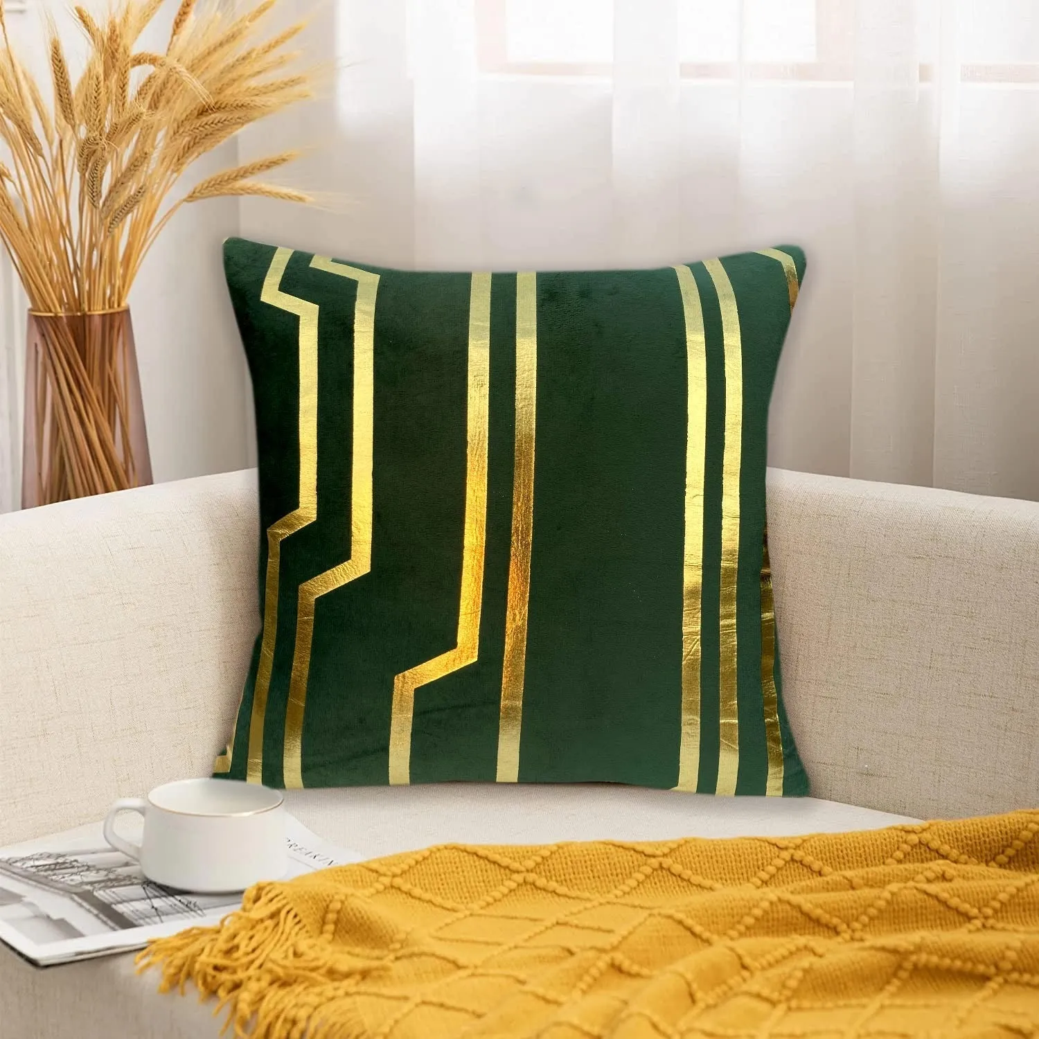 Luxury Foil Print Green and Golden Velvet Cushion 16 x 16 inches 1040055