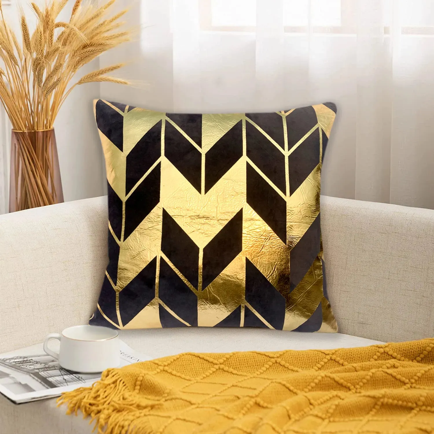 Luxury Foil Print Grey and Golden Velvet Cushion 16 x 16 inches 1040092