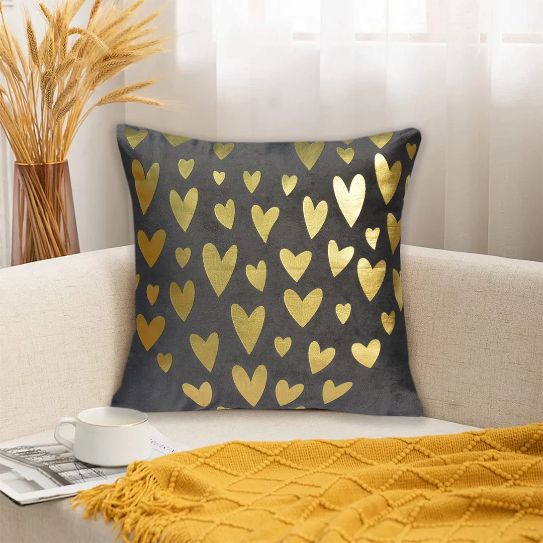 Luxury Foil Print Grey and Golden Velvet Cushion 16 x 16 inches 1040096