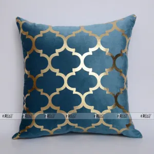 Luxury Foil Print Robbin Blue and Golden Velvet Cushion 16 x 16 inches 1040164