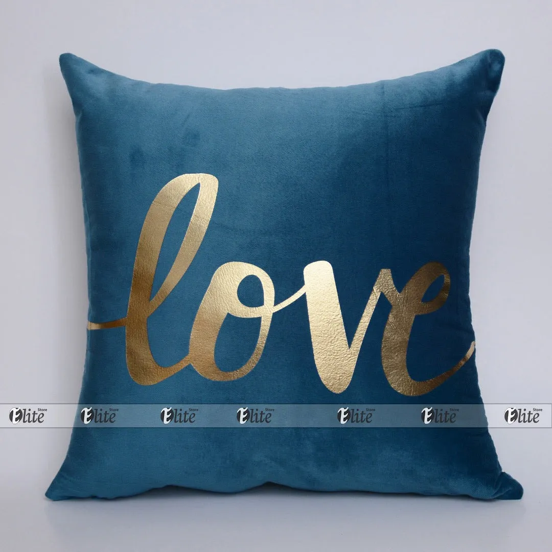 Luxury Foil Print Robbin Blue and Golden Velvet Cushion 16 x 16 inches 1040177