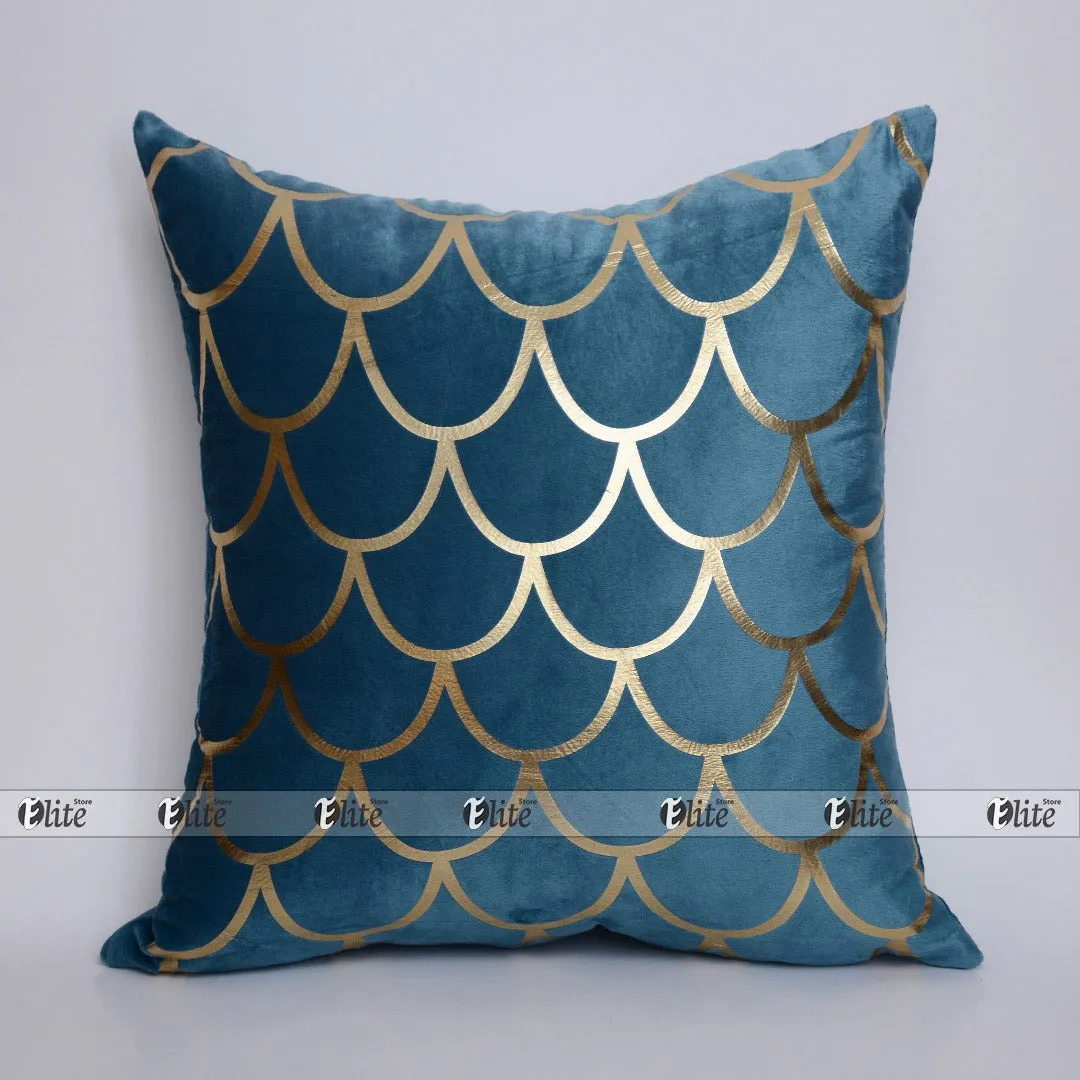 Luxury Foil Print Robbin Blue and Golden Velvet Cushion 16 x 16 inches 1040178