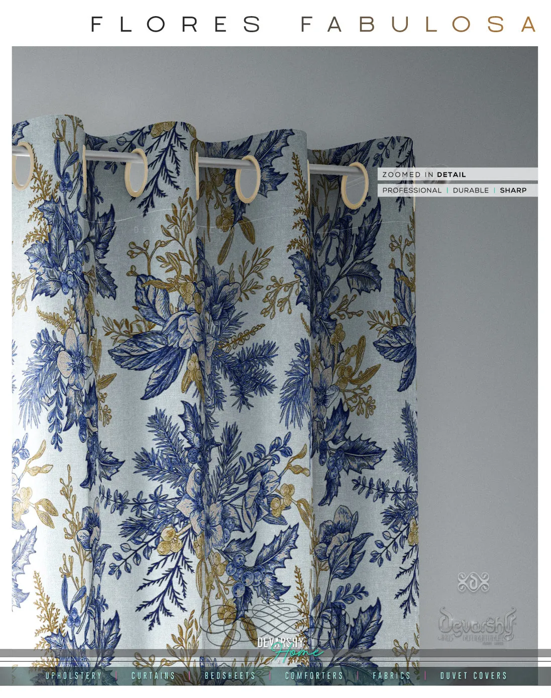 Mistletoes Blue Florals PREMIUM Curtain Panel. Available on 12 Fabrics. Made to Order. 10009A