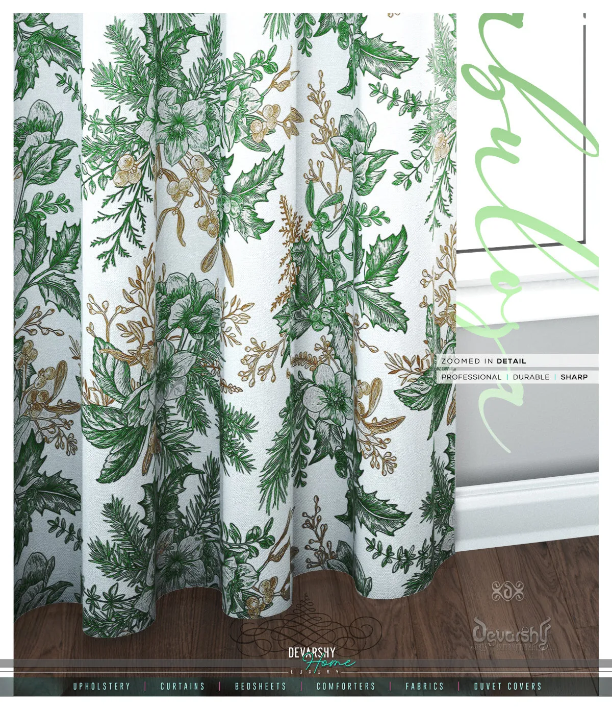 Mistletoes Green Florals PREMIUM Curtain Panel. Available on 12 Fabrics. Made to Order. 10009C