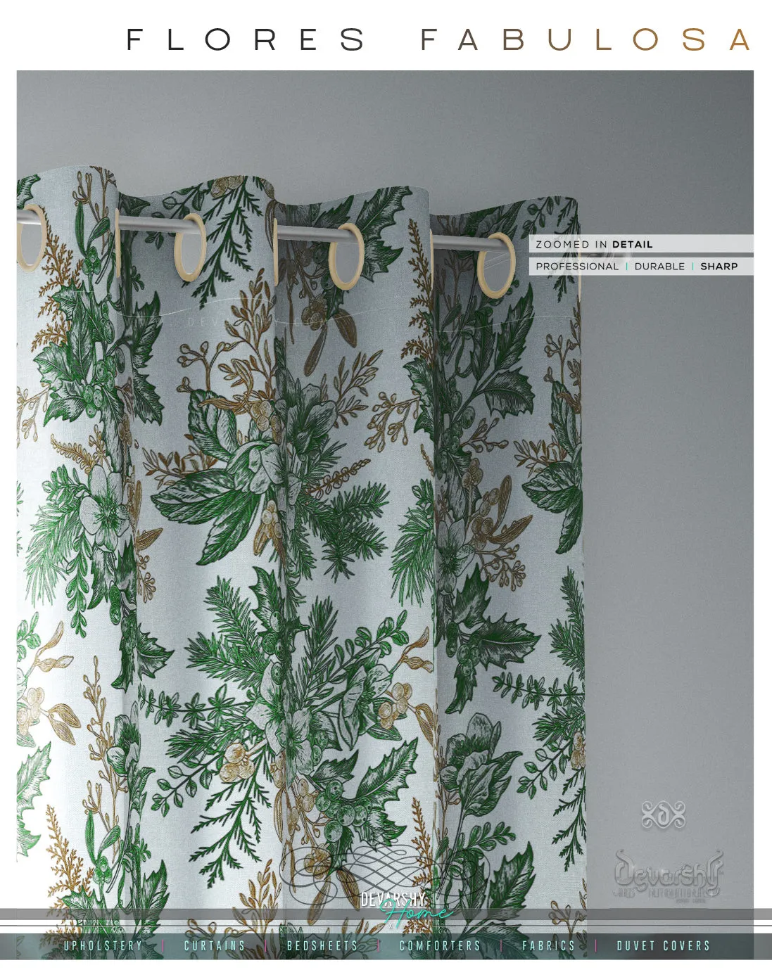 Mistletoes Green Florals PREMIUM Curtain Panel. Available on 12 Fabrics. Made to Order. 10009C