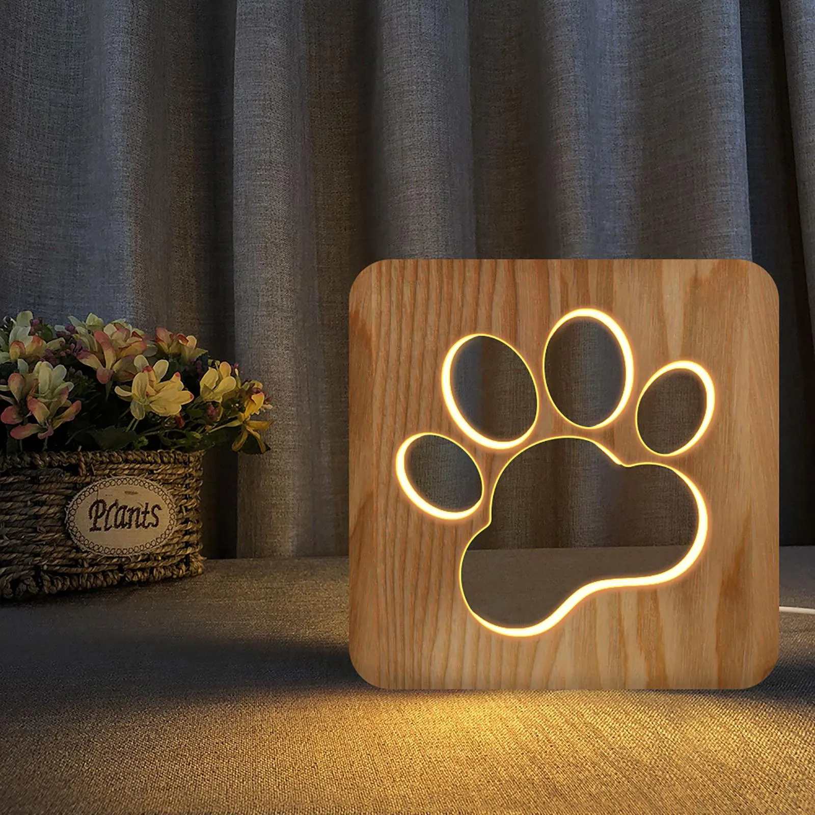 [MLS] LED Wooden Night Lamps for Bedrooms Table Lamp With 3D Pet Cat Lampshade USB