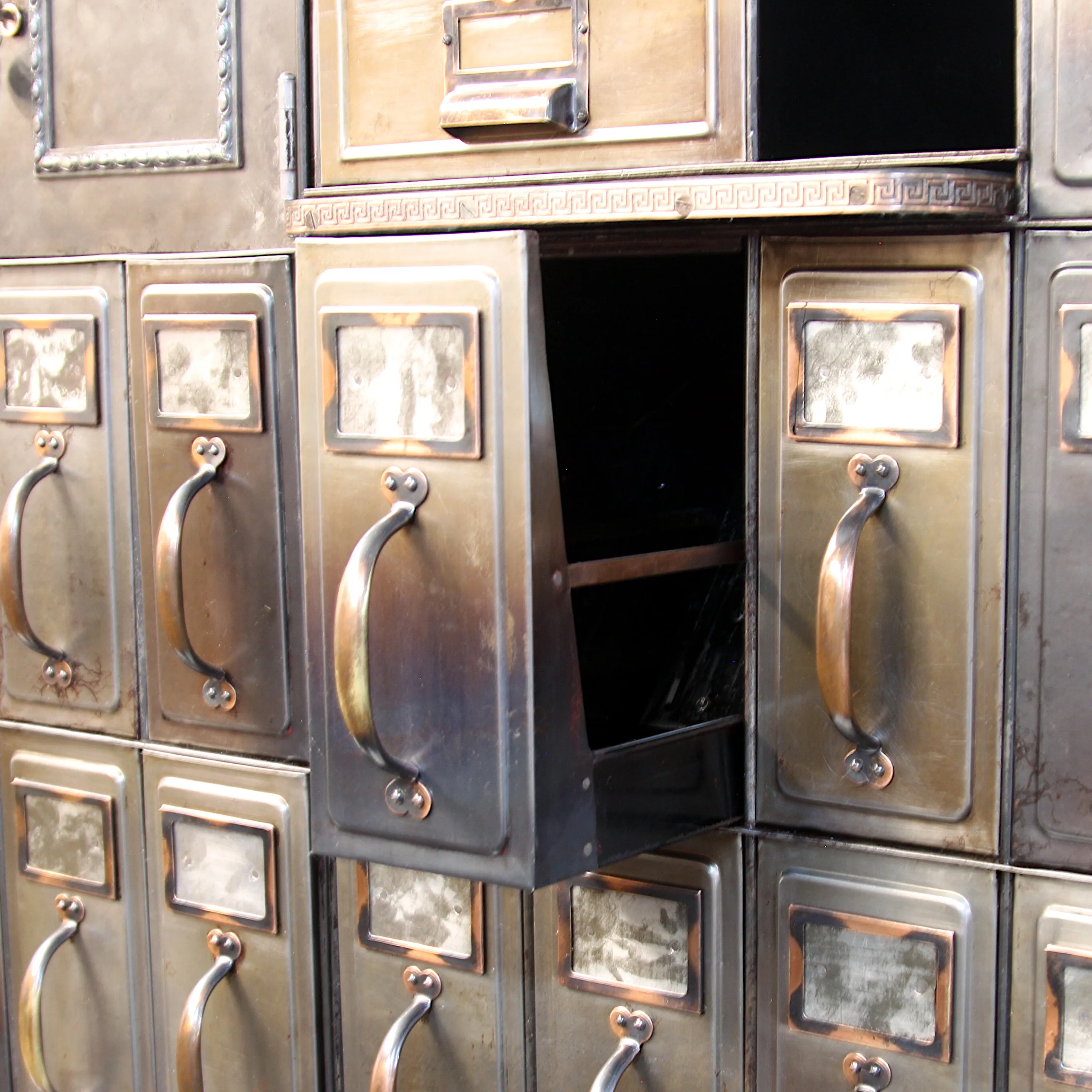 Monumental 1905 Vintage Industrial Raw Steel Court House File Cabinet Wall-Unit