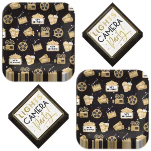 Movie Night Party Square Paper Dinner Plates and Lights, Camera, Action Beverage Napkins