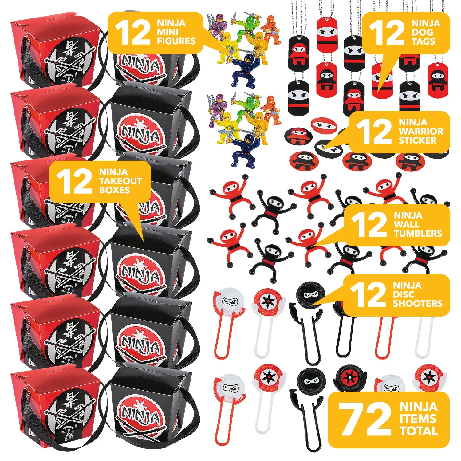 Ninja Party Favors Assortment  (60 pcs) and Ninja Takeout Goody Boxes (12 pcs) - 72 Pcs Total