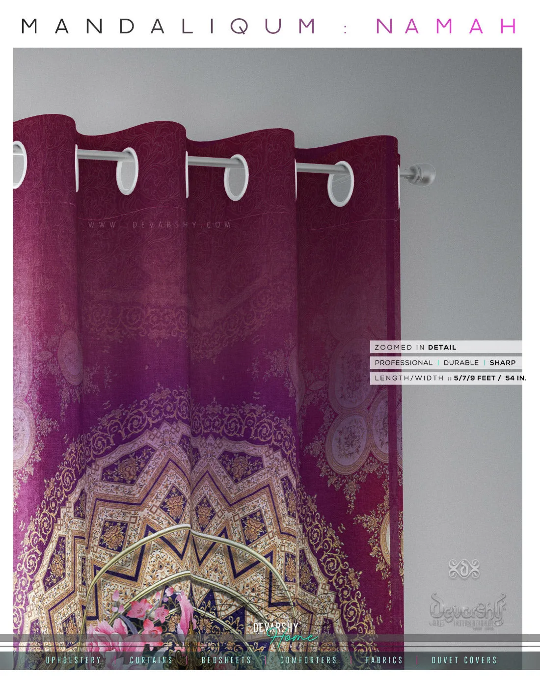 One Universe Fuchsia Mandala PREMIUM Curtain Panel. Available on 12 Fabrics. Made to Order. 100357B