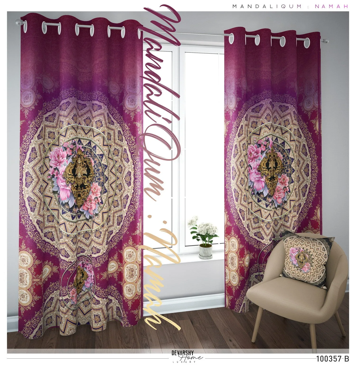 One Universe Fuchsia Mandala PREMIUM Curtain Panel. Available on 12 Fabrics. Made to Order. 100357B