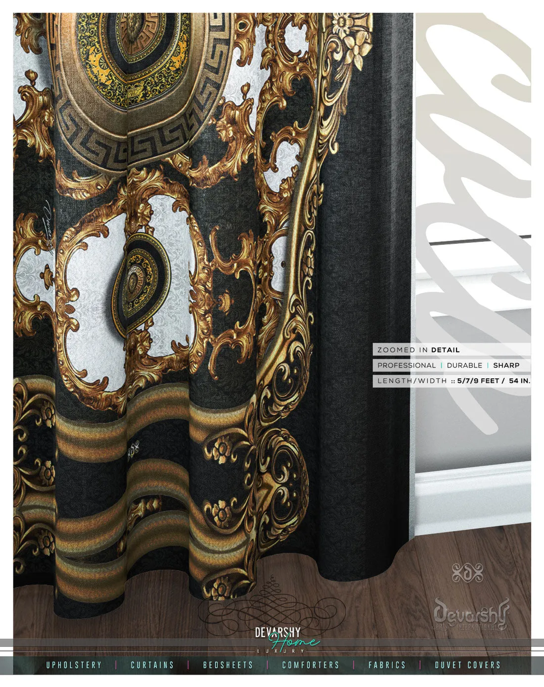 Opulence Of Sicily, Golden Baroque PREMIUM Curtain. Available on 12 Fabrics. Made to Order. 100337